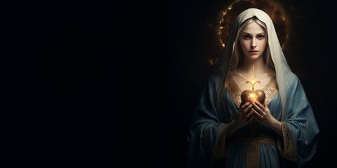Saint Mary holding the heart of the holy saint on a dark-colored background. © Duka Mer