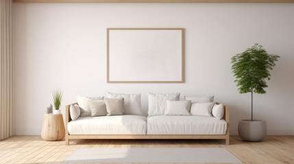 Fototapeta premium White picture frame with gray border in a modern living room with a gray sofa, wooden coffee table, and plants (5).png
