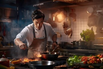 Portrait of an Asian chef preparing meals and flamb&eacute;ing food.