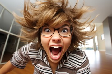 Young, quirky girl in glasses, messy hair, loudly shouting