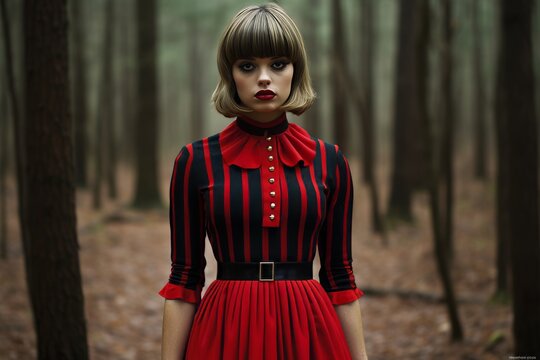 weird nerdy girl with bob hairstyle in red dress with black stripes in forest
