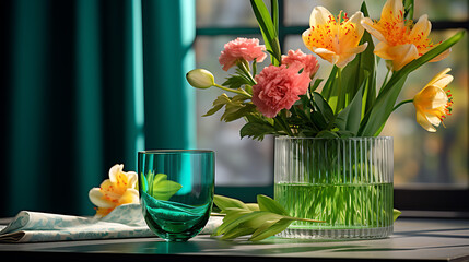 a table with large green glasses and a vase of flowers