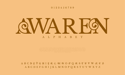 Awaren premium luxury elegant alphabet letters and numbers. Elegant wedding typography classic serif font decorative vintage retro. Creative vector illustration