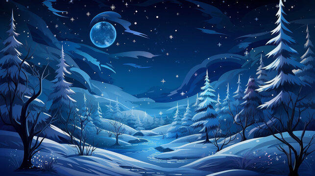 Cartoon kind style; The winter forest at night is brightly lit by the moon, the stars are shining