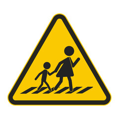 Isolated yellow triangle sign of mother and children walking on walk lane, for cross walk of pedestrian walkway line	