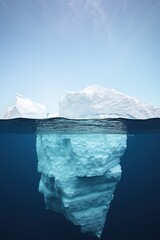 Iceberg isolated on white blue  background,  Hidden Danger And Global Warming Concept, nature magazine illustration. Above and below water. Water line. Copy space. - obrazy, fototapety, plakaty