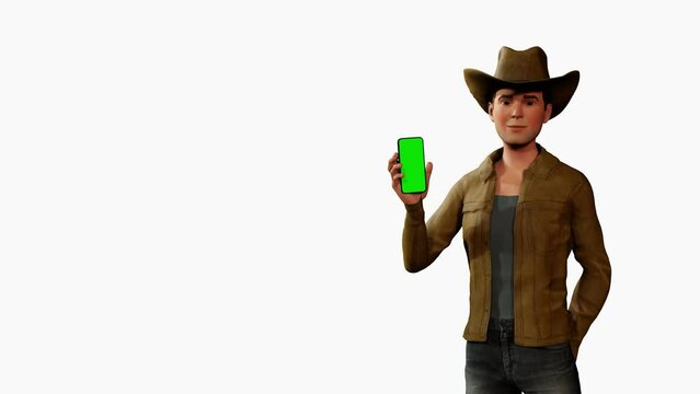 4K Animation: Cowboy Holding Phone Green Screen