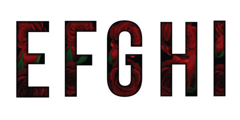 Red roses flower font Alphabet e, f, g, h,i text effect. Made of Real rose with Precious paper cut shape of letter. Collection of brilliant roses font for unique decoration in spring concept idea