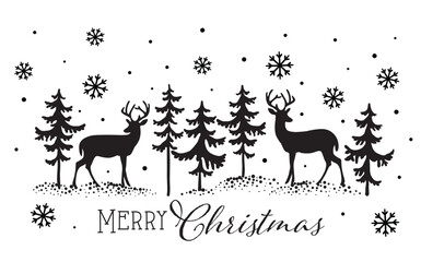 Christmas Deer and Pine Trees, Black and White Drawing with Snowflakes and Merry Christmas Text- Christmas Black and white Clipart Vector 
