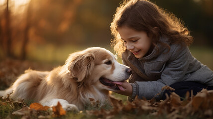 Happy Children Playing with Their Beloved Dog in the Sunlit Park - Joyful Family Moments.