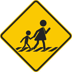 Isolated yellow rectangle sign of mother and children walking on walk lane, for cross walk of pedestrian walkway line	