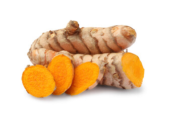Whole and cut turmeric roots isolated on white