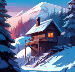 Fototapeta na wymiar Winter mountain landscape with small cozy house, Vector illustration. beautiful graphic illustration, pop art