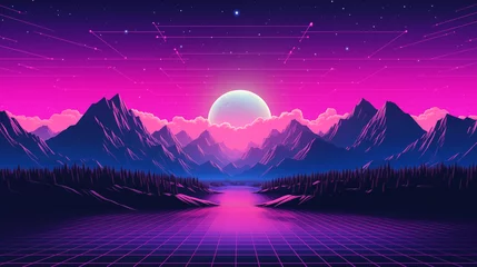 Photo sur Plexiglas Violet Silhouette abstract synthwave illustration landscape with tropical sunset and 80s, 90s Retrofuturism, Retro wave cyber grid. bottom surfaces. Neon lights glowing.
