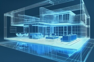 Obraz premium architecture and interior virtual reality a hologram of a house and design on his hand Real Estate project. Hologram Concept Simulation.AI Generated