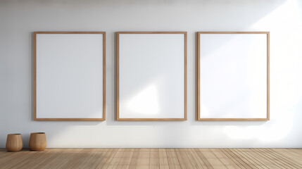 3D rendering white photo frame leaning against wall background, interior decoration design, white canvas on wall