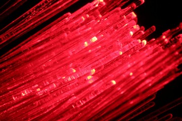 Optical fiber strands transmitting red light in darkness, macro view