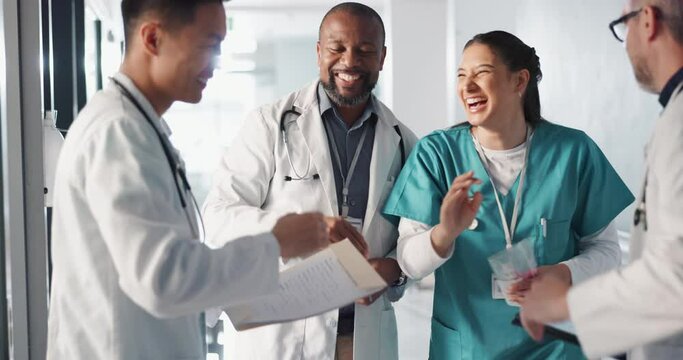 Doctors, nurses and high five, teamwork or healthcare success with hospital news, results or group goals. Medical people in fist bump, celebration and praise for clinic achievement or congratulations