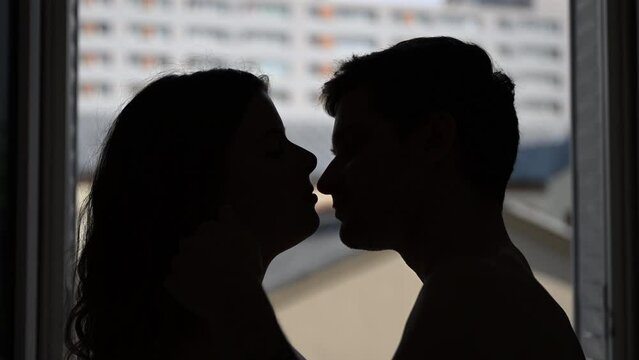 Young passionate couple (silhouette of two lovers in the dark) have intense sex in the bedroom. Tender lover kissing and touching the skin of a sexy sensual nude lady, making love. Foreplay concept.