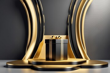 Gold Circle pedestal in eleglance luxuary for product presentation and white plaster wall.Ai generated