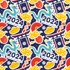 Happy Chinese New Year 2024 Seamless Pattern Design. Translation : Year of the Dragon. with Lantern, Dragons and China Elements in Flat Illustration