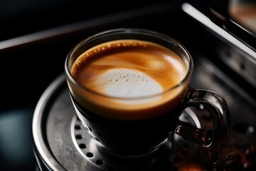 macro shot, espresso with foam in a steel cup