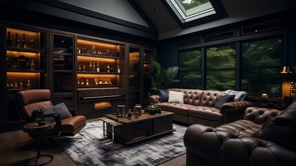 a luxury lounge room for relaxing, smoking cigars, and drinking, with a smart humidor and wine fridge with adjustable temperature in a modern, black ranch-style setting. generative AI - obrazy, fototapety, plakaty
