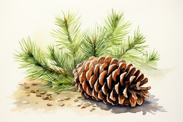 Fototapeta premium watercolor fir cone Watercolor pine cone Hand painted pine branch with cone