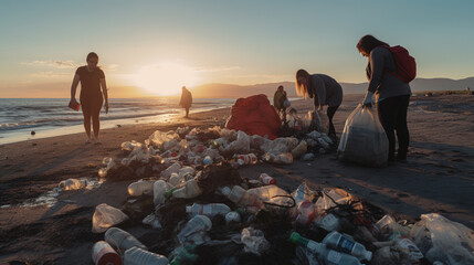 Grupa ludzi zbiera śmieci na plaży. Oczyszczanie środowiska z plastiku - obrazy, fototapety, plakaty