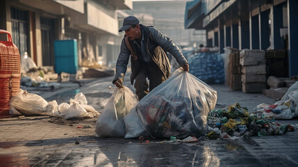 Mężczyzna zbiera śmieci na ulicy zanieczyszczonego miasta - obrazy, fototapety, plakaty