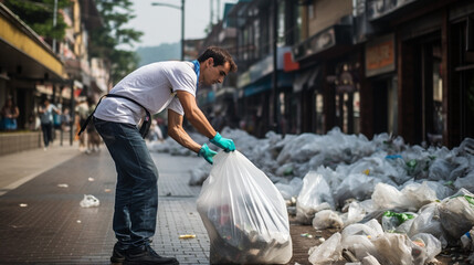 Mężczyzna zbiera śmieci na ulicy zanieczyszczonego miasta
