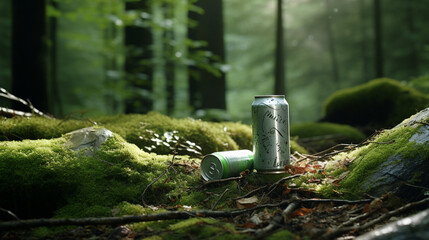 Plastikowa puszka zostawiona w lesie. Zanieczyszczenie środowiska. - obrazy, fototapety, plakaty
