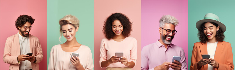 Collage Of People Portraits. Men And Women Using Smartphones While Standing Over Pastel Background, Laughing and Happy Young People Enjoying Mobile Communication Or Online Gaming, social media - obrazy, fototapety, plakaty