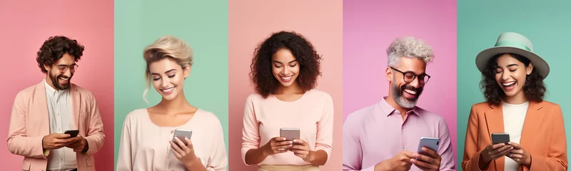 Foto op Plexiglas Collage Of People Portraits. Men And Women Using Smartphones While Standing Over Pastel Background, Laughing and Happy Young People Enjoying Mobile Communication Or Online Gaming, social media © Prompt2image
