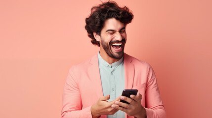 Fototapeta premium Portrait of attractive focused guy using device gadget browsing media smm isolated over beige pastel color background