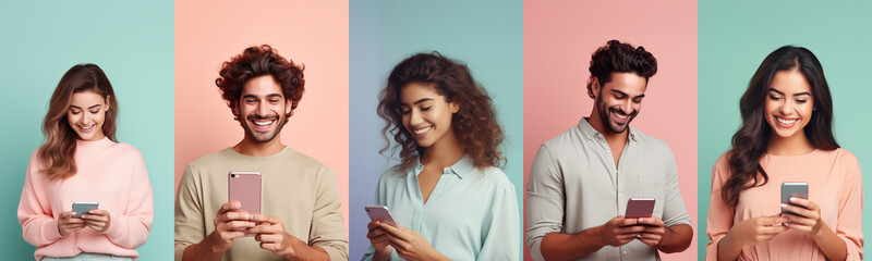 Set of smiling people over pastel background sending a message or email with the mobile