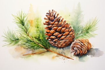 Fototapeta premium watercolor fir cone Watercolor pine cone Hand painted pine branch with cone