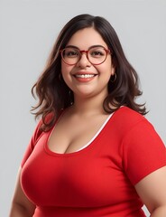 A stylish plus-size brunette woman in a red shirt and trendy glasses.