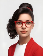 A beautiful brunette woman with red glasses and a red shirt.