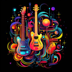 Surreal, psychedelic, neon lit guitars, minimalist, on a black background.