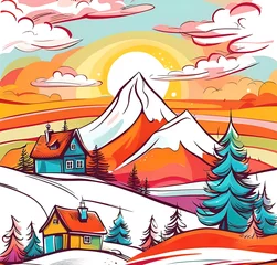 Fotobehang Winter mountain landscape with small cozy house, Vector illustration. beautiful graphic illustration, pop art © Perecciv