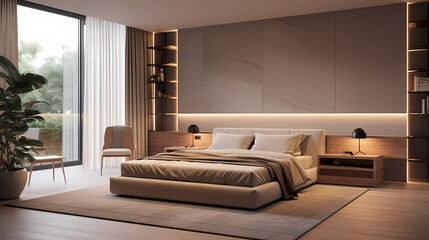 3D rendering modern style bedroom background, bedroom decoration design, white canvas on the wall