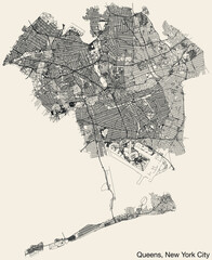 Detailed hand-drawn navigational urban street roads map of the QUEENS BOROUGH of the American city of NEW YORK CITY, UNITED STATES with vivid road lines and name tag on solid background