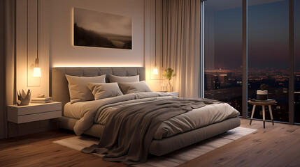 Fototapeta na wymiar 3D rendering modern style bedroom background, bedroom decoration design, white canvas on the wall