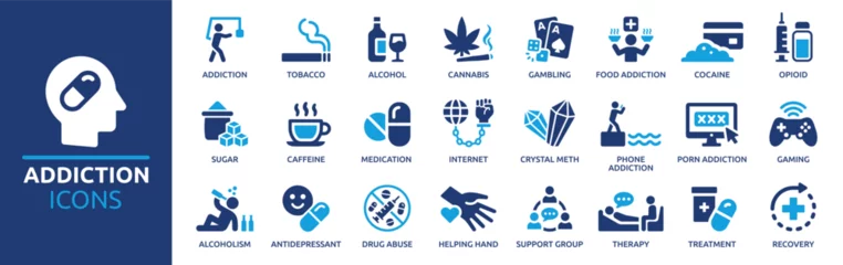 Tapeten Addiction icon set. Containing tobacco, alcohol, cannabis, gambling, cocaine, drug and more. Vector solid icons collection. © Icons-Studio