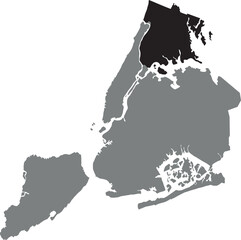 Black flat blank highlighted location map of THE BRONX BOROUGH inside gray administrative map of NEW YORK CITY, UNITED STATES