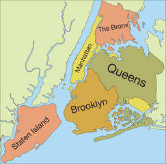 Pastel flat vector administrative map of the NEW YORK CITY, UNITED STATES with name tags and black border lines of its boroughs