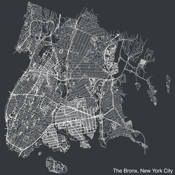 Detailed hand-drawn navigational urban street roads map of THE BRONX BOROUGH of the American city of NEW YORK CITY, UNITED STATES with vivid road lines and name tag on solid background