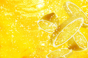 lemon orange slice drop on water soda