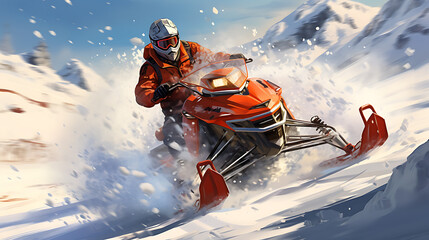 driving snowmobile motor in winter, snow, sport - obrazy, fototapety, plakaty